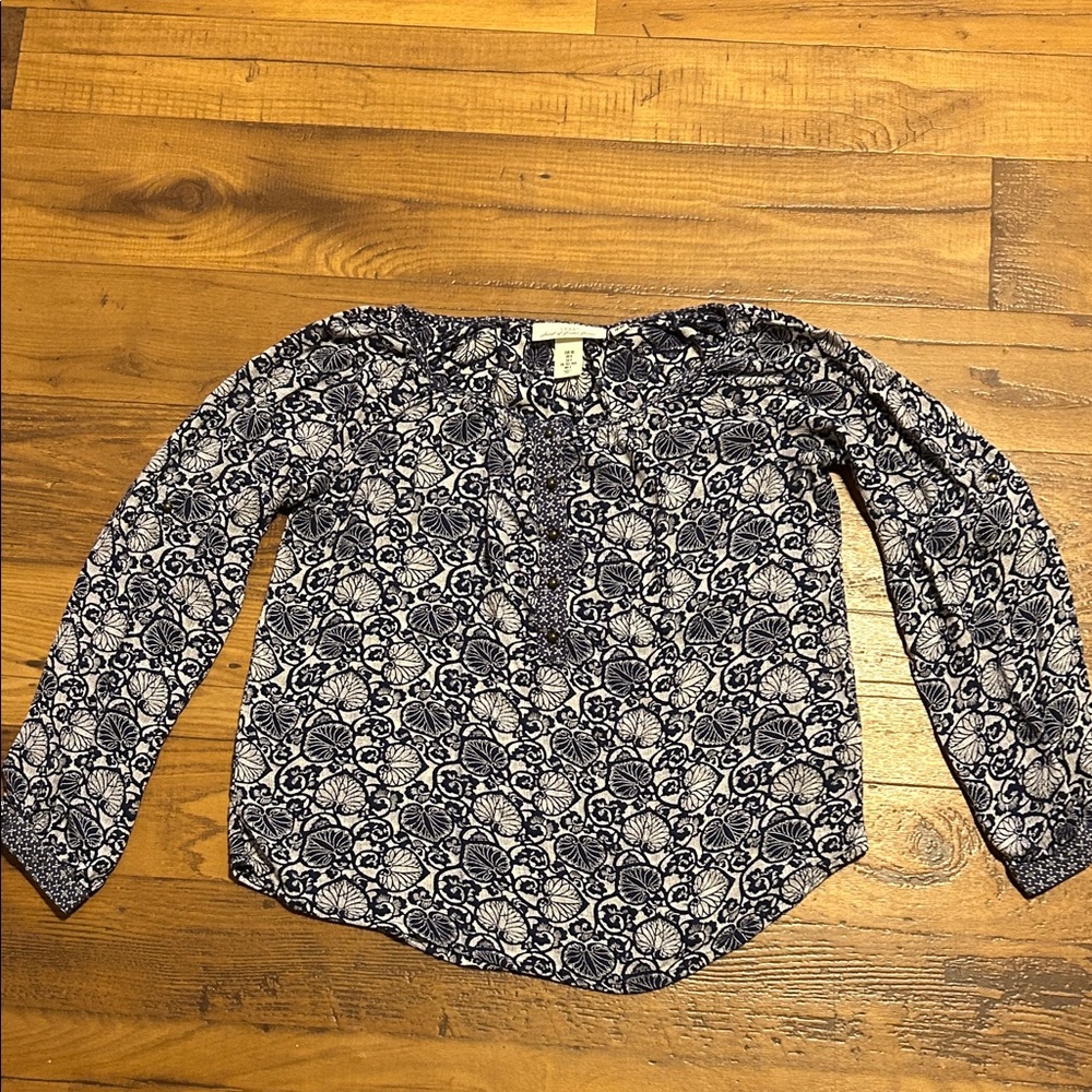 H&M White and Blue Relaxed Blouse with Mandarin Collar